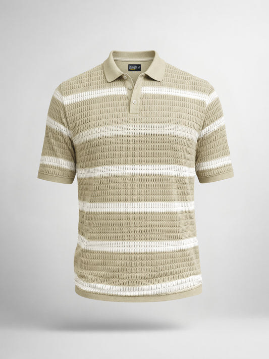 Sheer FlatKnit Cotton Beige Half Sleeve Polo T-Shirt