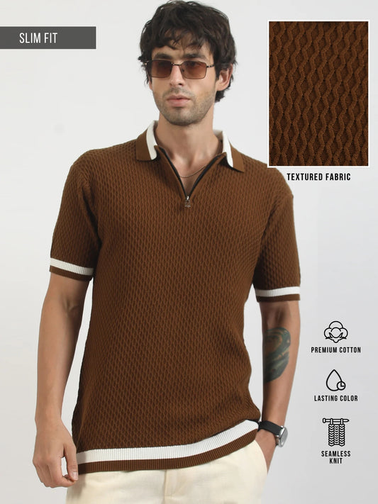 Terra Cotta Cotton Flatknit Brown Half Sleeve Polo T-Shirt