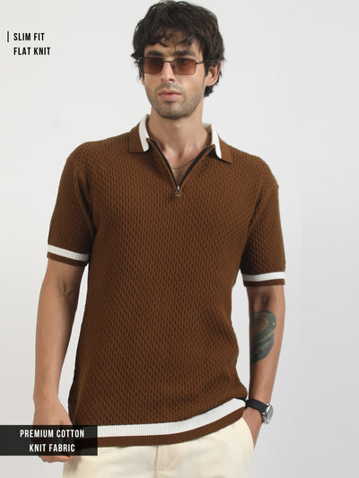 Terra Cotta Cotton Flatknit Brown Half Sleeve Polo T-Shirt