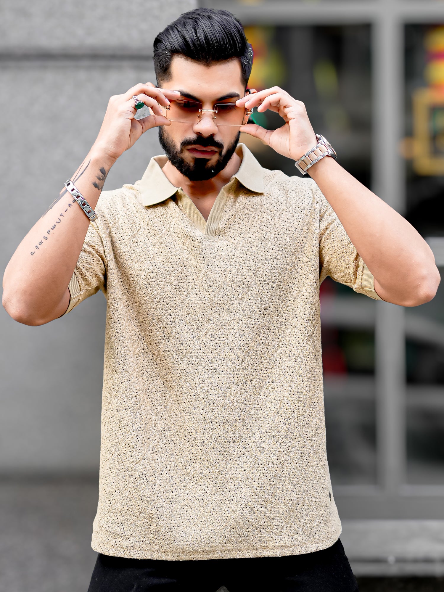 Croshia Knit Beige Polo T-Shirt