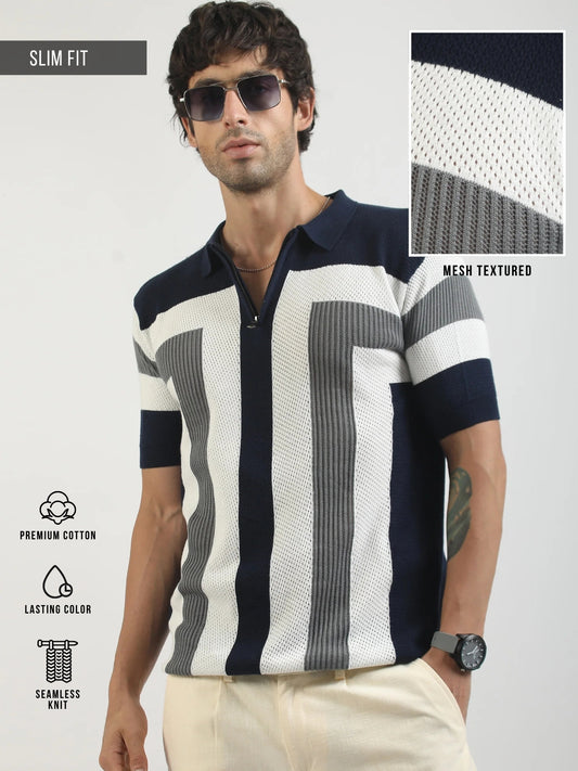 L-Block Navy Cotton Flatknit Half Sleeve Polo T-Shirt