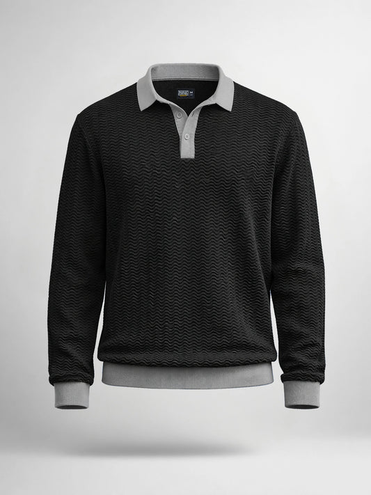 FlatKnit Wave Black Full Sleeve Polo T-Shirt
