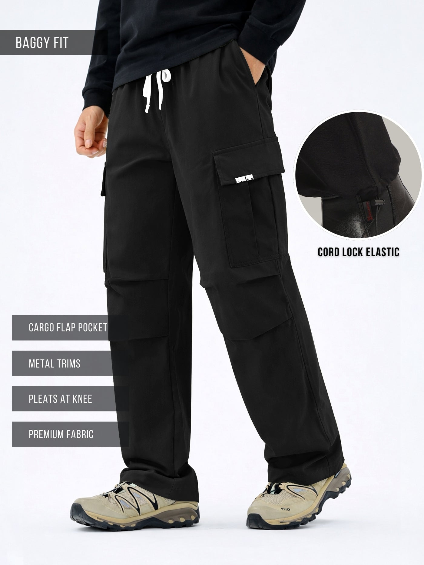 Twin Fold Pocket Black Baggy Fit Cargo