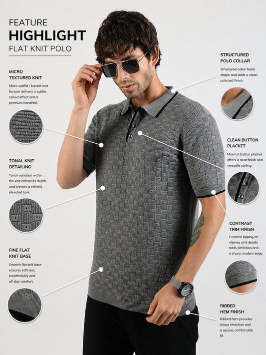 Dark Grey Toasted Waffle Flatknit Cotton Half Sleeve Polo T-Shirt