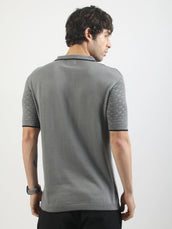 Dark Grey Toasted Waffle Flatknit Cotton Half Sleeve Polo T-Shirt