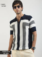 L-Block Navy Cotton Flatknit Half Sleeve Polo T-Shirt