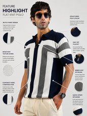 L-Block Navy Cotton Flatknit Half Sleeve Polo T-Shirt