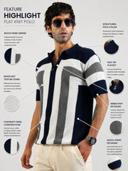 L-Block Navy Cotton Flatknit Half Sleeve Polo T-Shirt