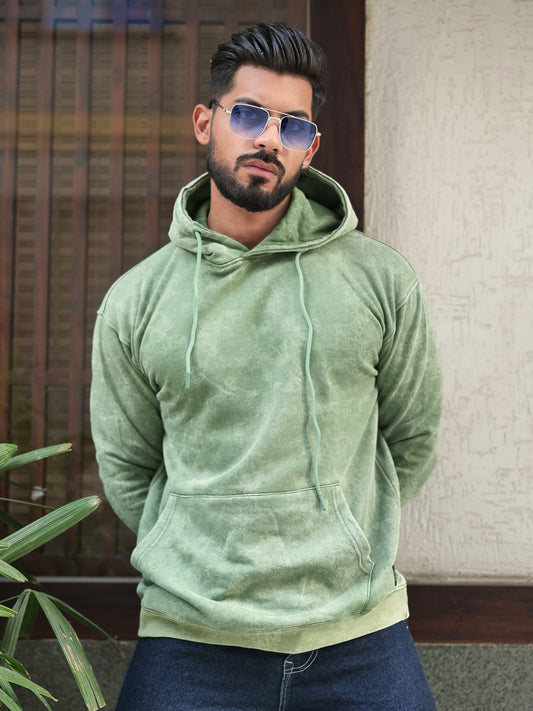 Rugged Acid Wash Hunter Green Hooded Full Sleeve Sweatshirt