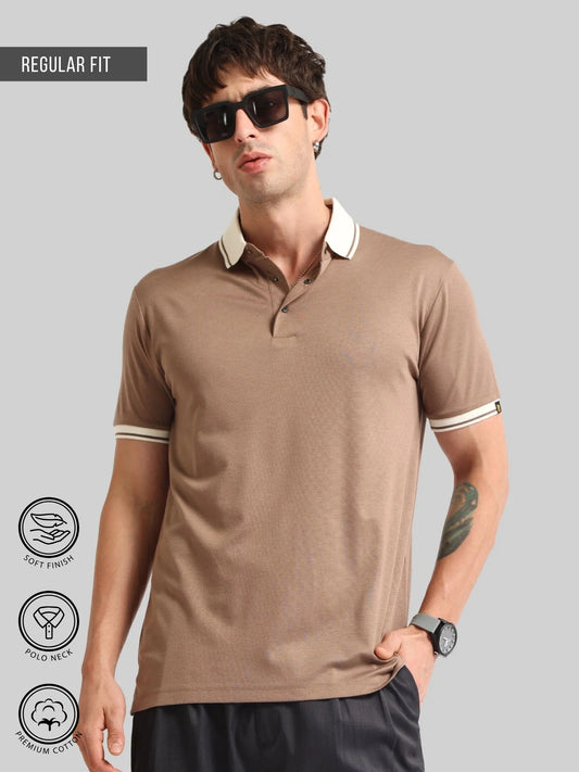 Contrast Collar Brown Half Sleeve Polo T-Shirt