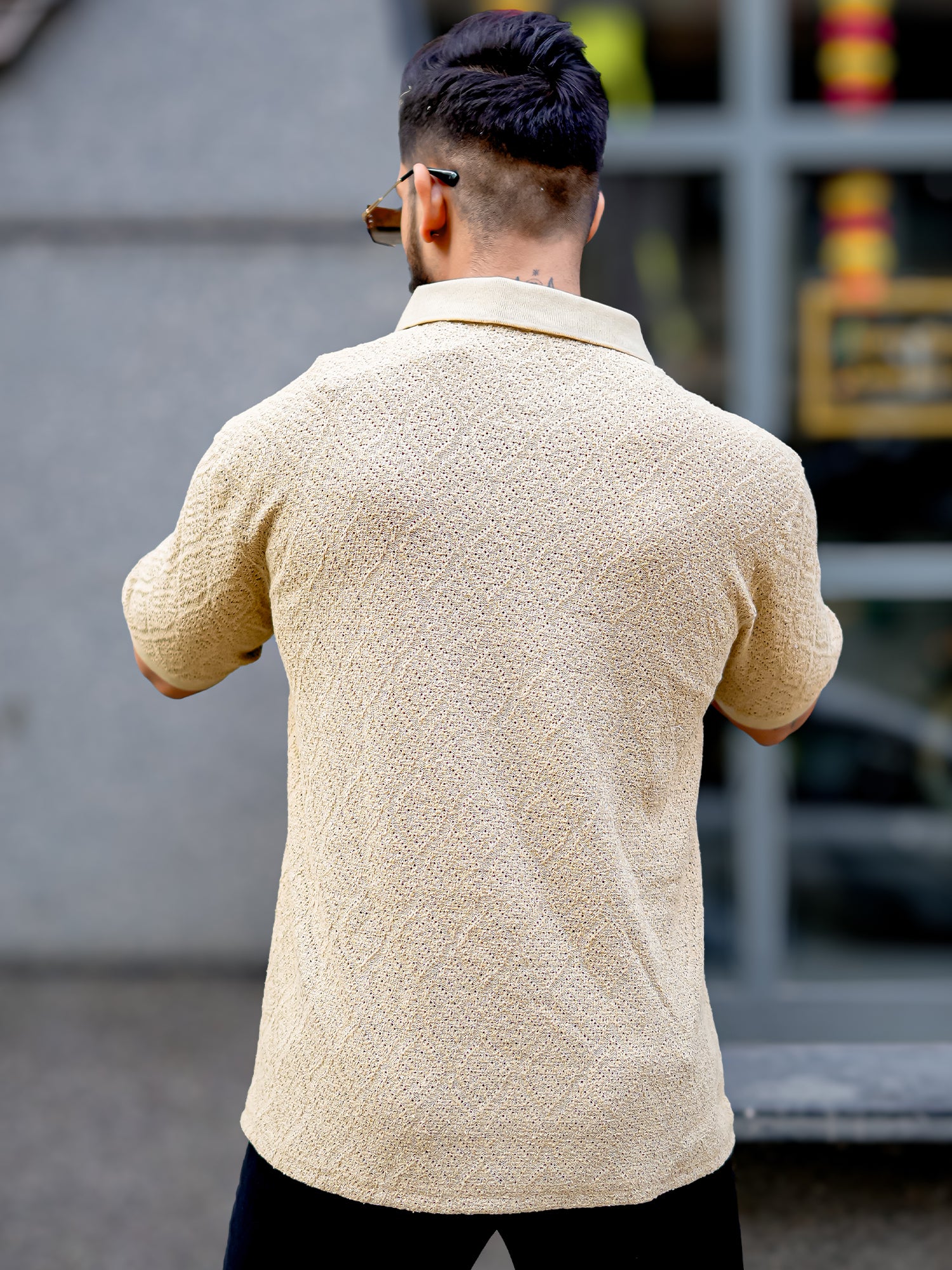 Croshia Knit Beige Polo T-Shirt