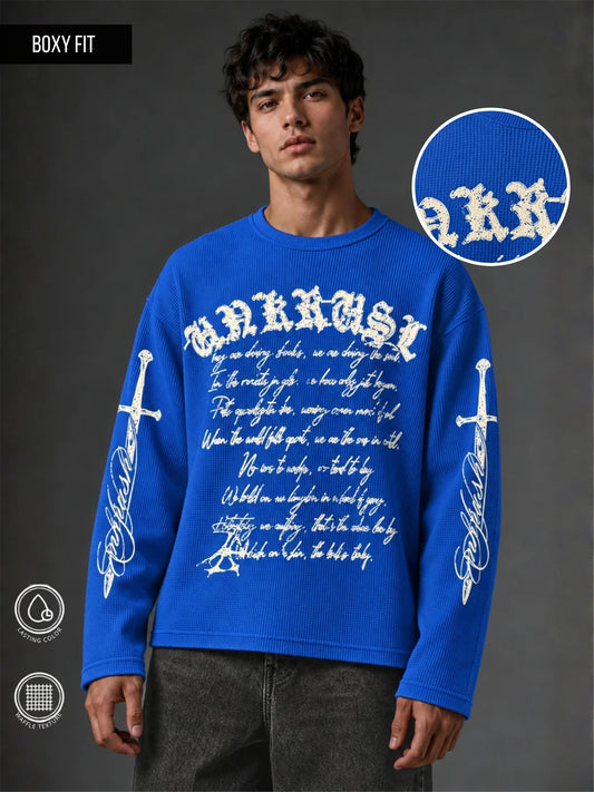 Wordings Royal Blue Waffle Full Sleeve T-Shirt