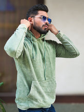 Rugged Acid Wash Hunter Green Hooded Full Sleeve Sweatshirt