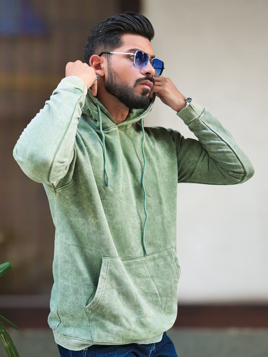 Rugged Acid Wash Hunter Green Hooded Full Sleeve Sweatshirt