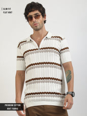 Dimensional Flatknit Cotton White & Brown Half Sleeve Polo T-Shirt