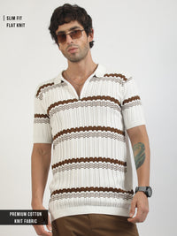 Dimensional Flatknit Cotton White & Brown Half Sleeve Polo T-Shirt