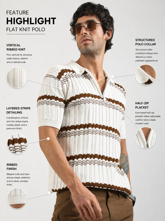 Dimensional Flatknit Cotton White & Brown Half Sleeve Polo T-Shirt
