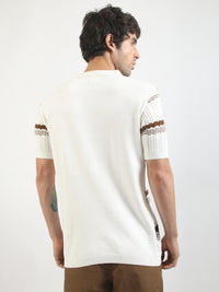 Dimensional Flatknit Cotton White & Brown Half Sleeve Polo T-Shirt