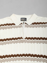 Dimensional Flatknit Cotton White & Brown Half Sleeve Polo T-Shirt