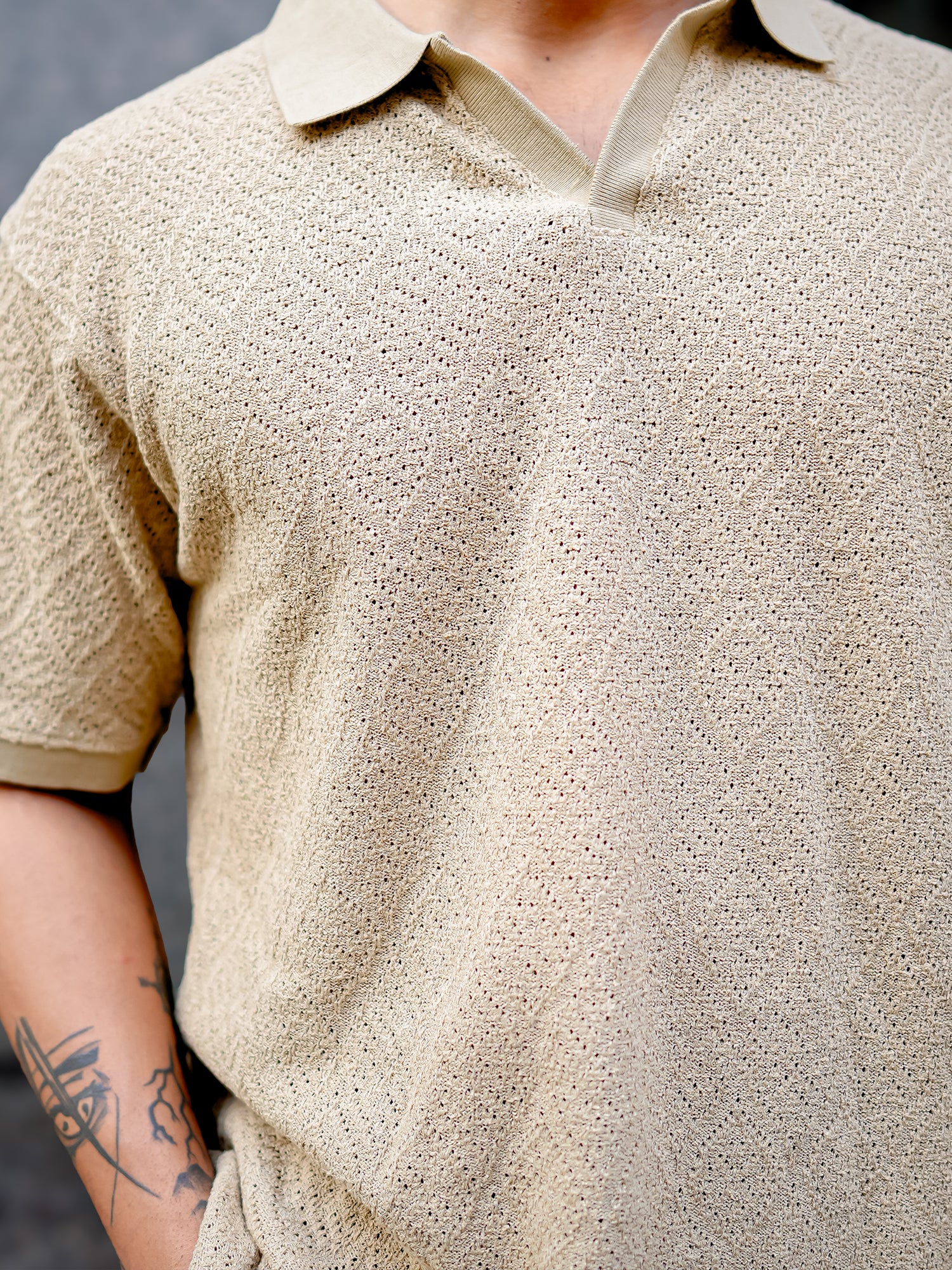 Croshia Knit Beige Polo T-Shirt