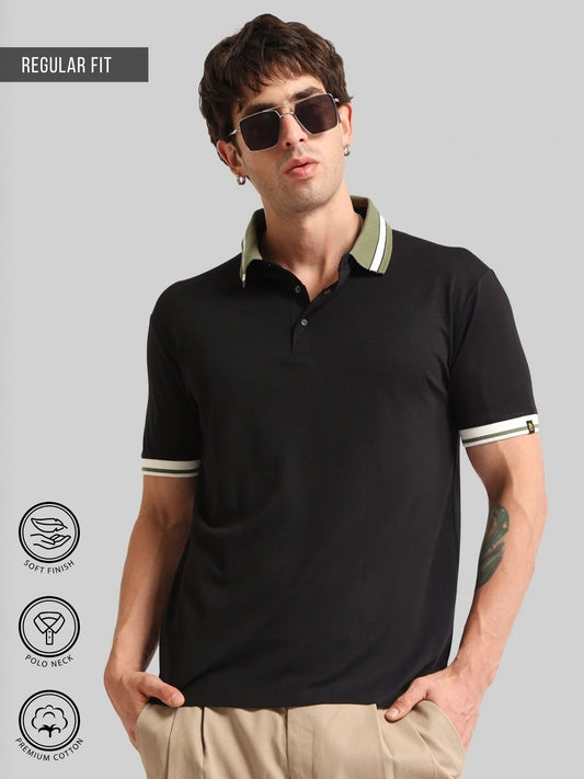 Contrast Collar Black Half Sleeve Polo T-Shirt