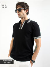 Black Noble Flat-Knit Half-Sleeve Polo T-Shirt