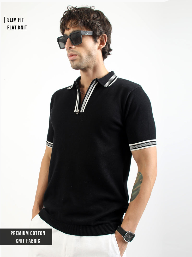 Black Noble Flat-Knit Half-Sleeve Polo T-Shirt