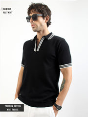 Black Noble Flat-Knit Half-Sleeve Polo T-Shirt