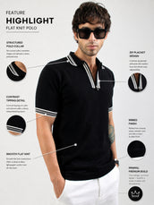 Black Noble Flat-Knit Half-Sleeve Polo T-Shirt