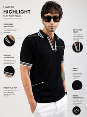 Black Noble Flat-Knit Half-Sleeve Polo T-Shirt
