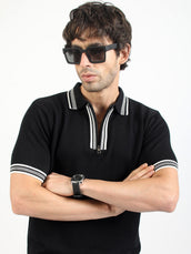 Black Noble Flat-Knit Half-Sleeve Polo T-Shirt