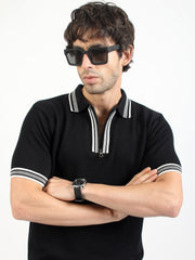 Black Noble Flat-Knit Half-Sleeve Polo T-Shirt