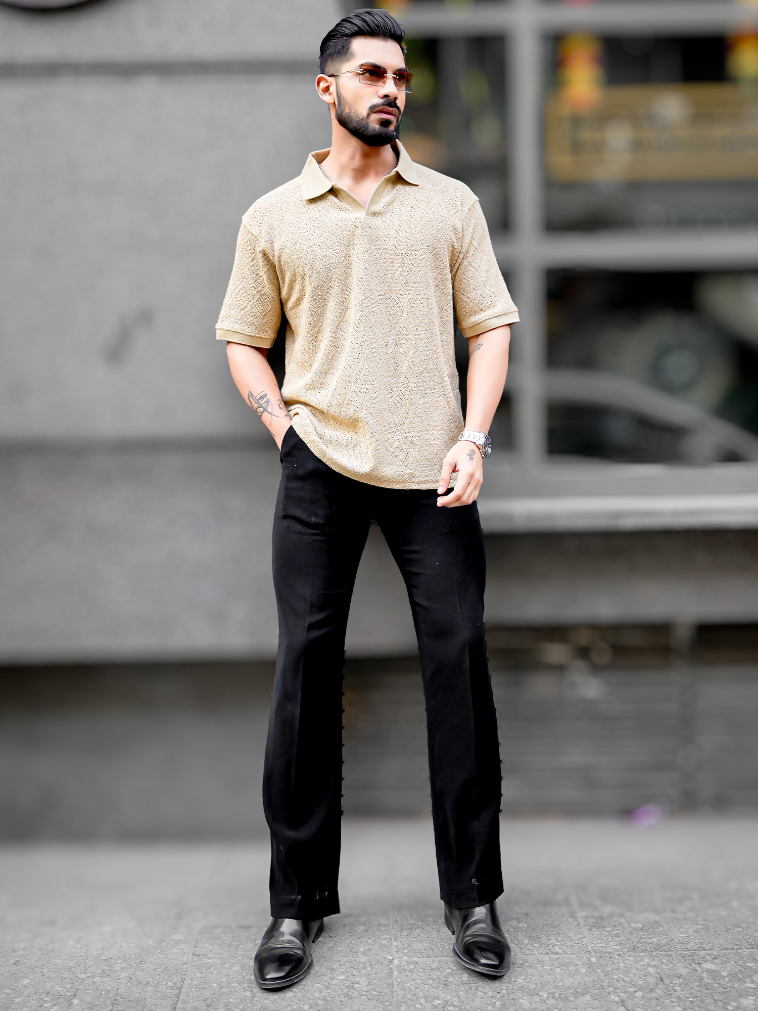 Croshia Knit Beige Polo T-Shirt