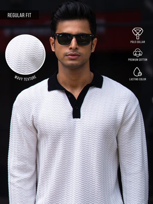 FlatKnit Wave White Full Sleeve Polo T-Shirt