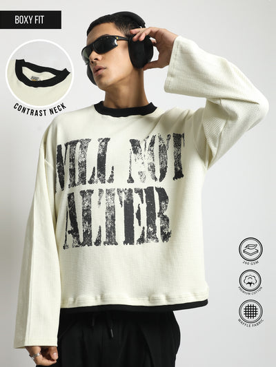 Will Not Alter Cream, Black Full Sleeve Boxy Waffle T-Shirt