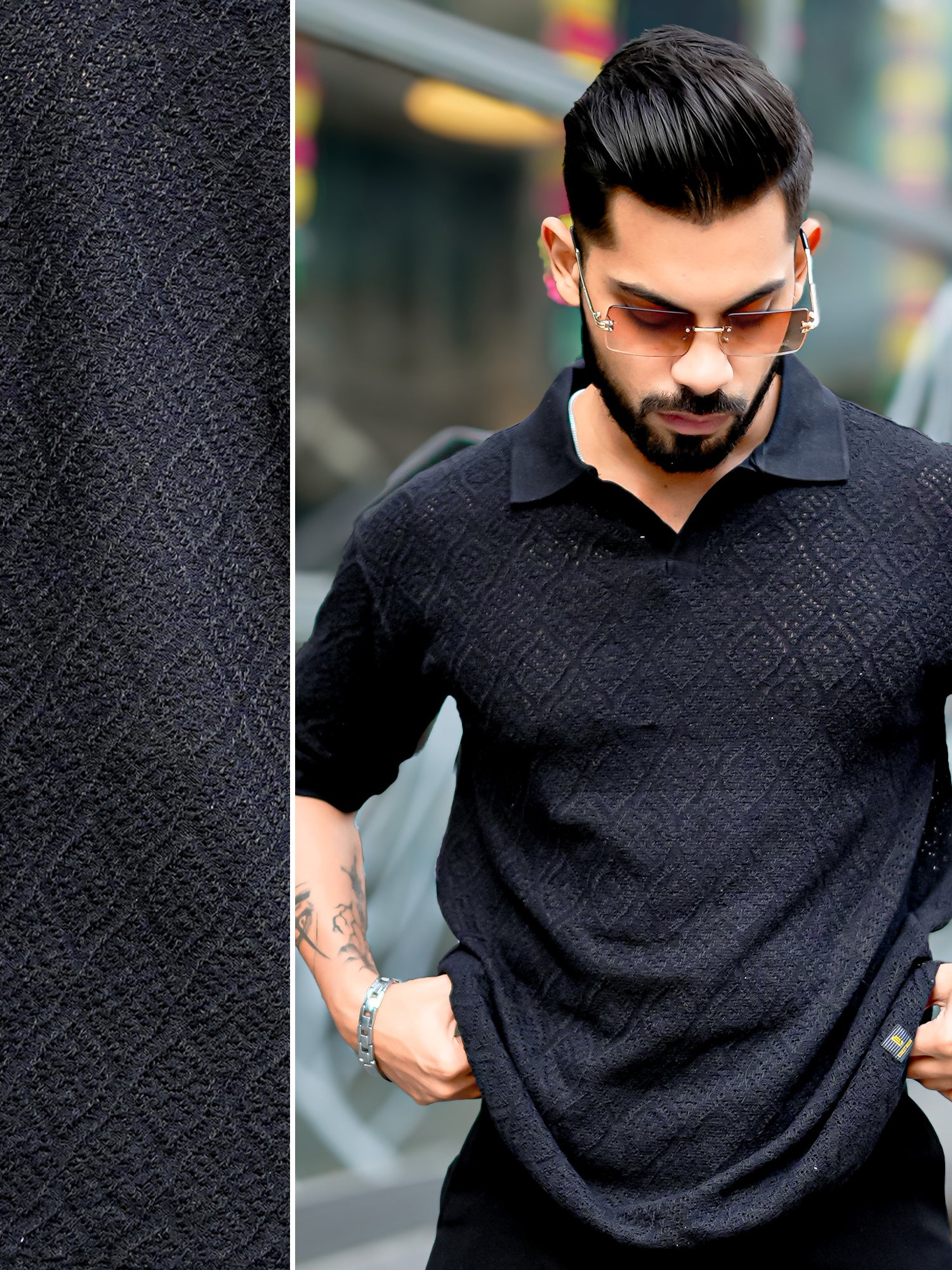 Croshia Knit Black Polo T-Shirt