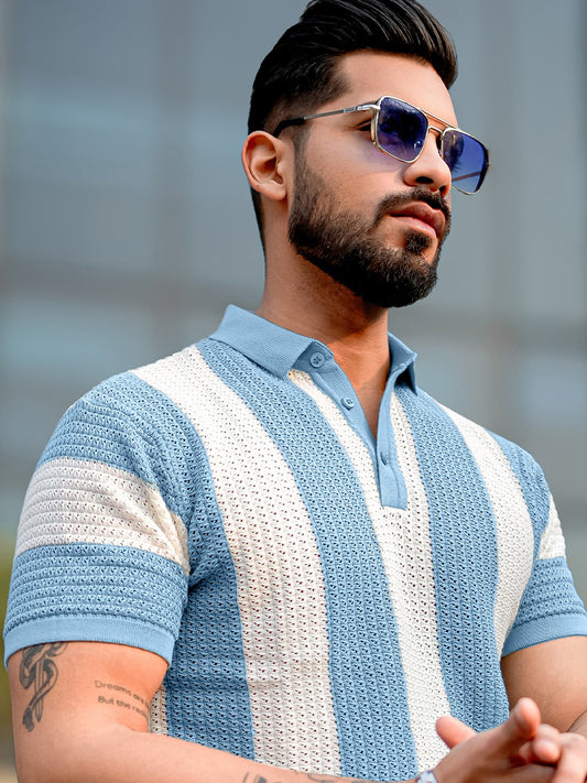 Blue Textured Half Sleeve Polo T-Shirt
