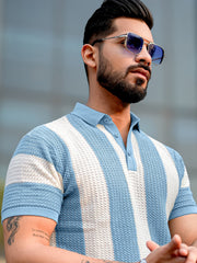 Blue Textured Half Sleeve Polo T-Shirt