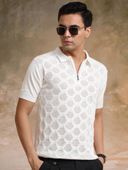 Diamond Knit White Slim Half Sleeve Polo T-Shirt