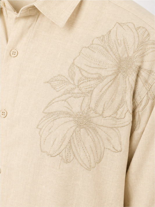 LeafLine Embroidery Beige Shirt