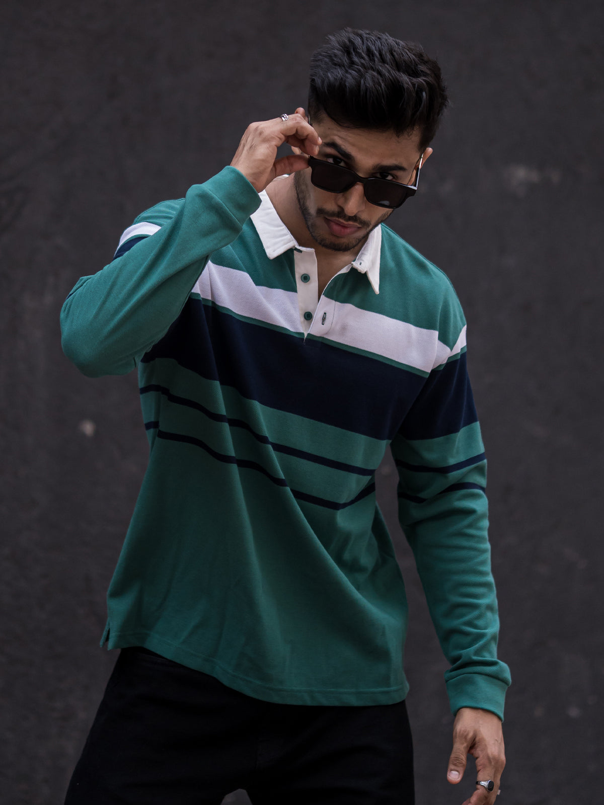 Auto Striped Green Navy Polo T-Shirt