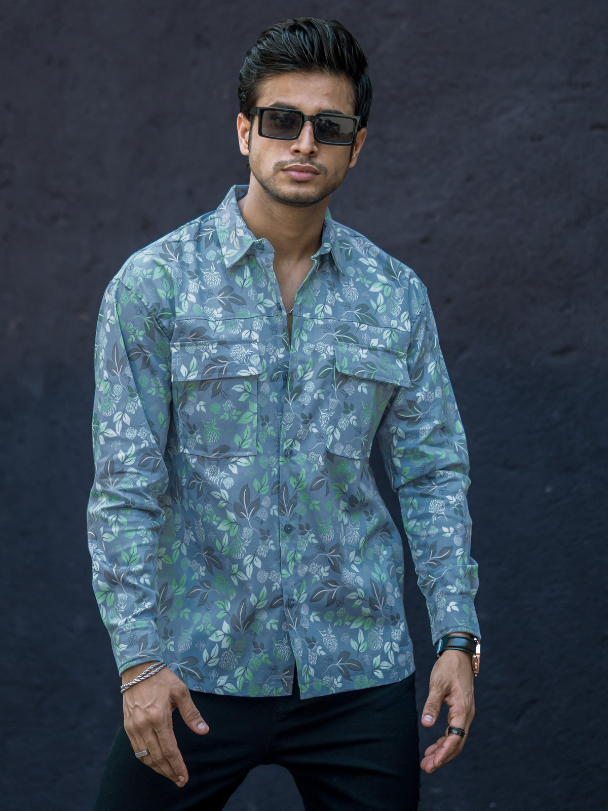 Double Pocket Leaf Printed Blue Shirt