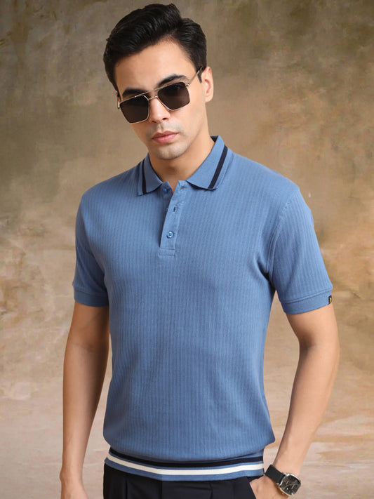 Pointel Half Button Denim Blue Half Sleeve Polo T-Shirt