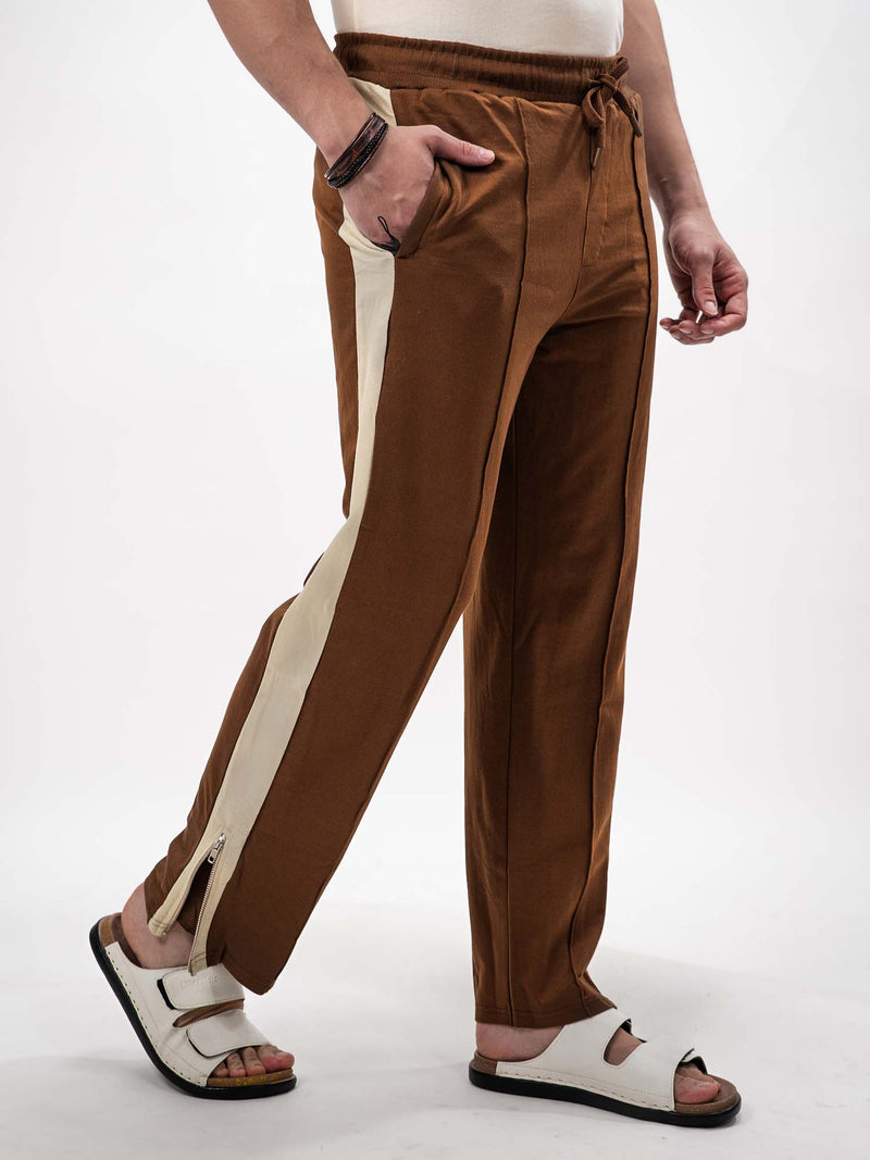 Brown bootcut zipper track pants for men