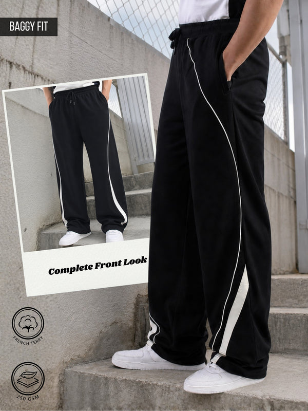 Black miami line baggy track pants for men