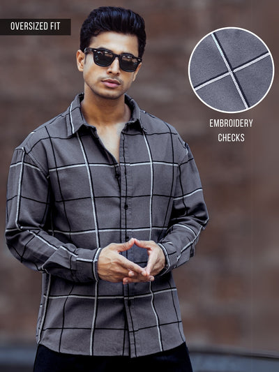 Embroidery Checks Grey Full Sleeve Shirt