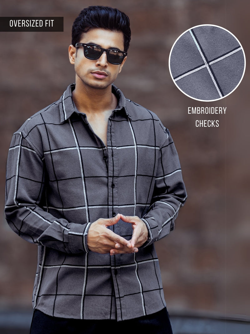 Grey full sleeve embroidery checks shirt for men