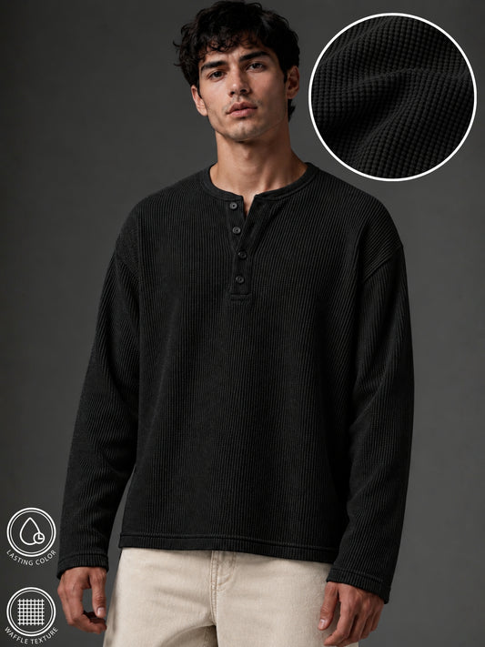 Black Waffle Henley Full Sleeve Tshirt
