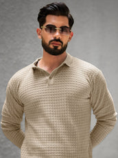 Checked Knit Beige Full Sleeve Polo T-Shirt
