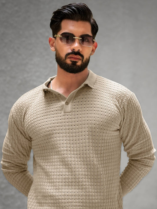 Checked Knit Beige Full Sleeve Polo T-Shirt